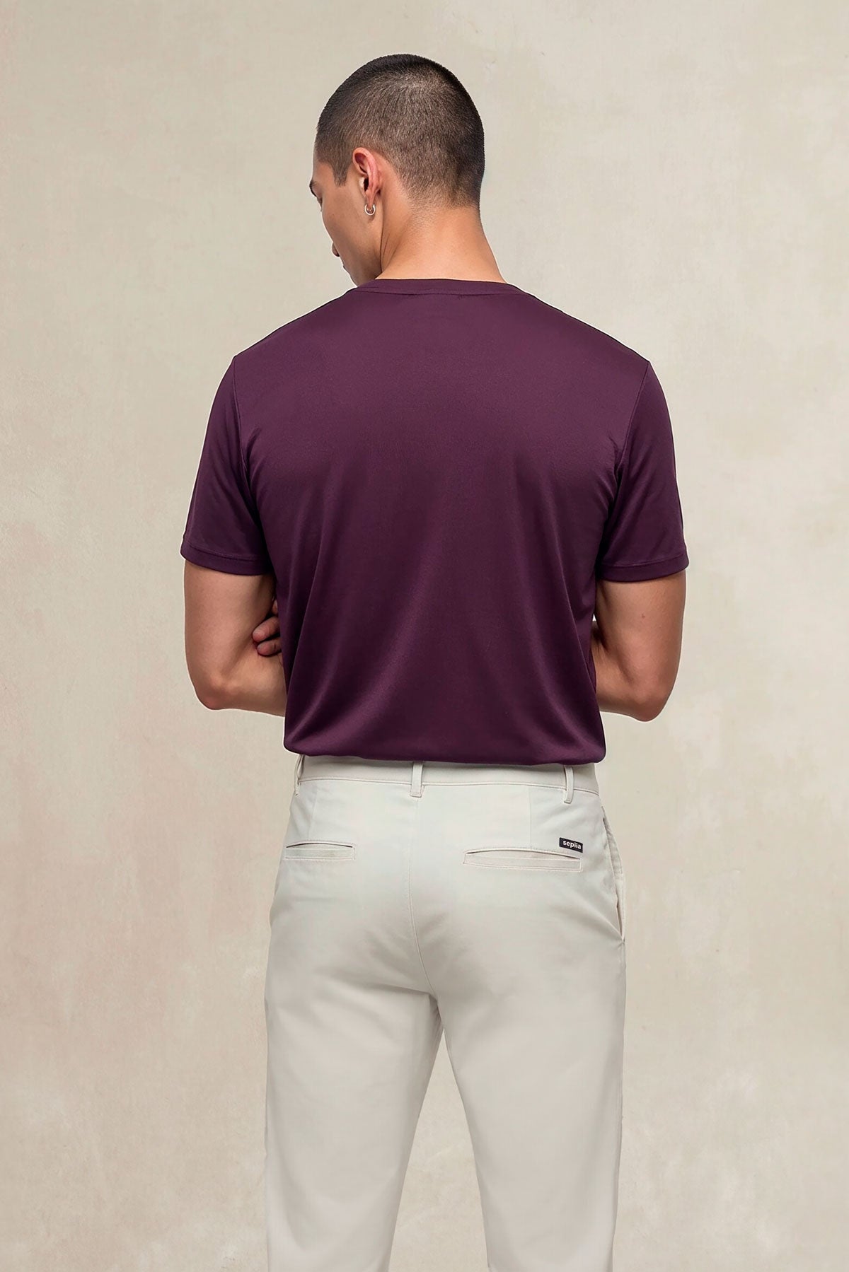 T-shirt macia para homem, gola redonda, cor ameixa