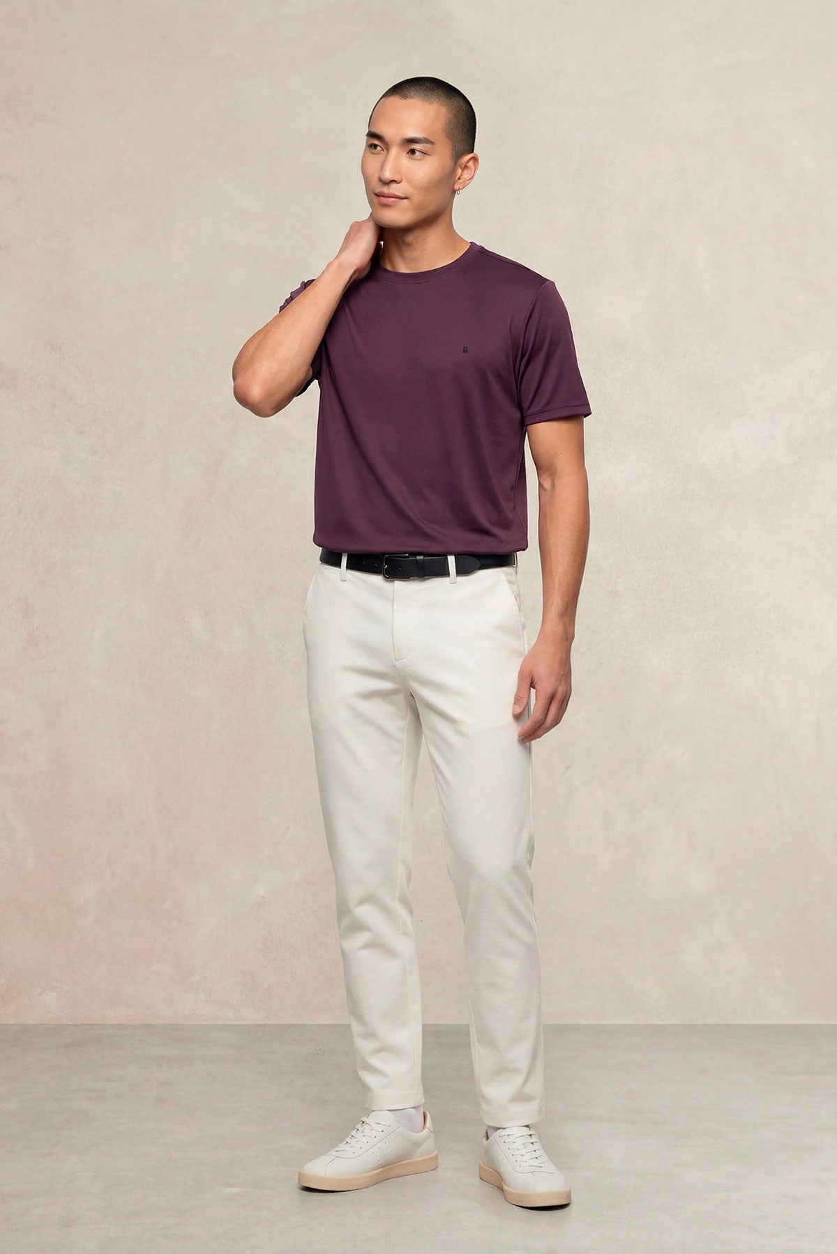 T-shirt macia para homem, gola redonda, cor ameixa
