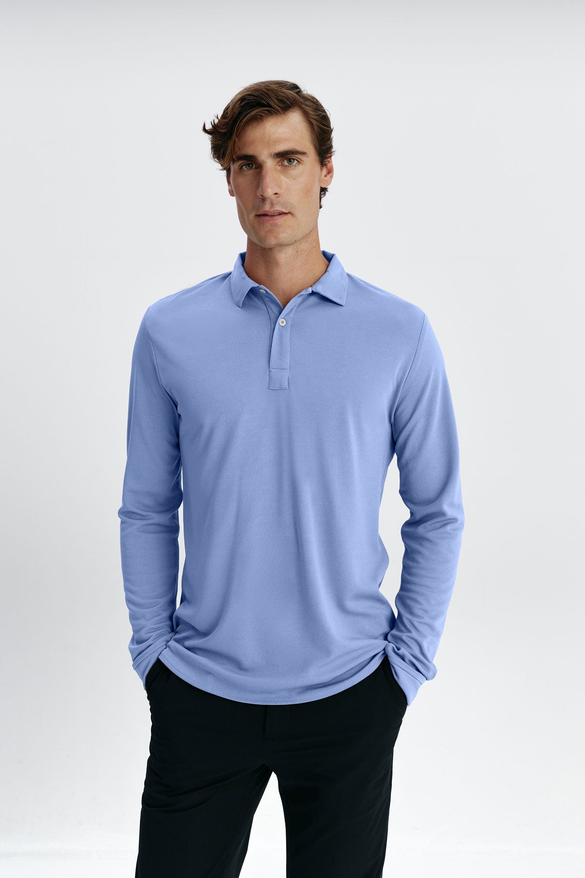 Polo masculino manga longa azul aço