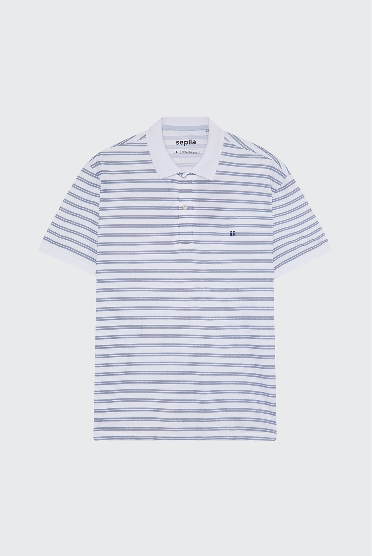 Men's short-sleeved polo shirt with sapphire blue stripes