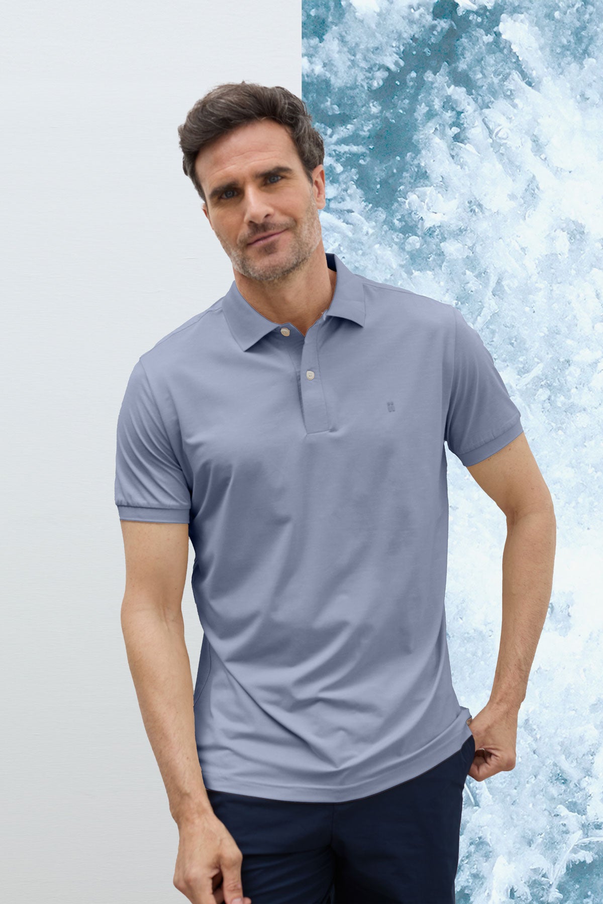 Camisa polo masculina ICE em azul halo melange