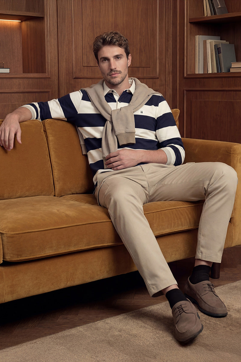 Men's long-sleeved polo shirt with navy blue striped print Warm