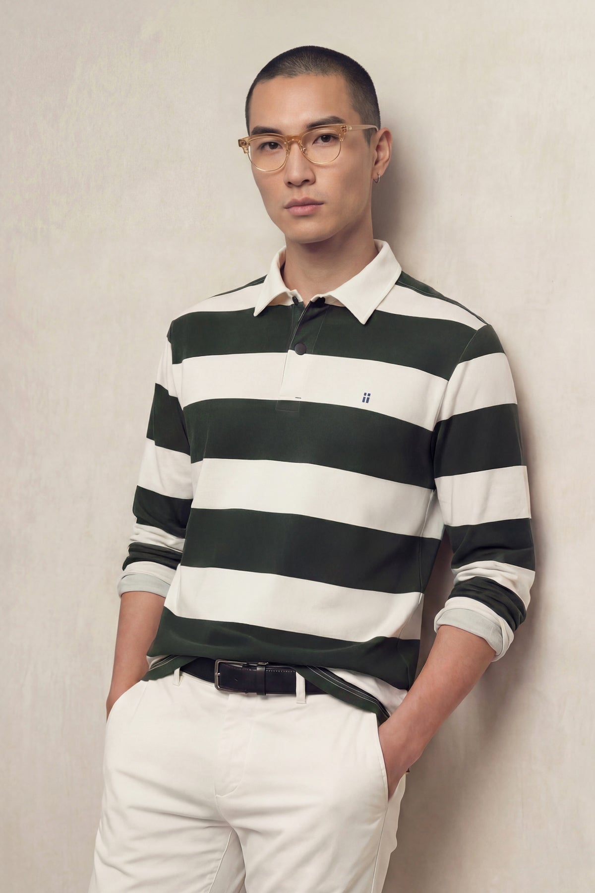 Polo de homem de manga comprida com estampado listrado verde Quente