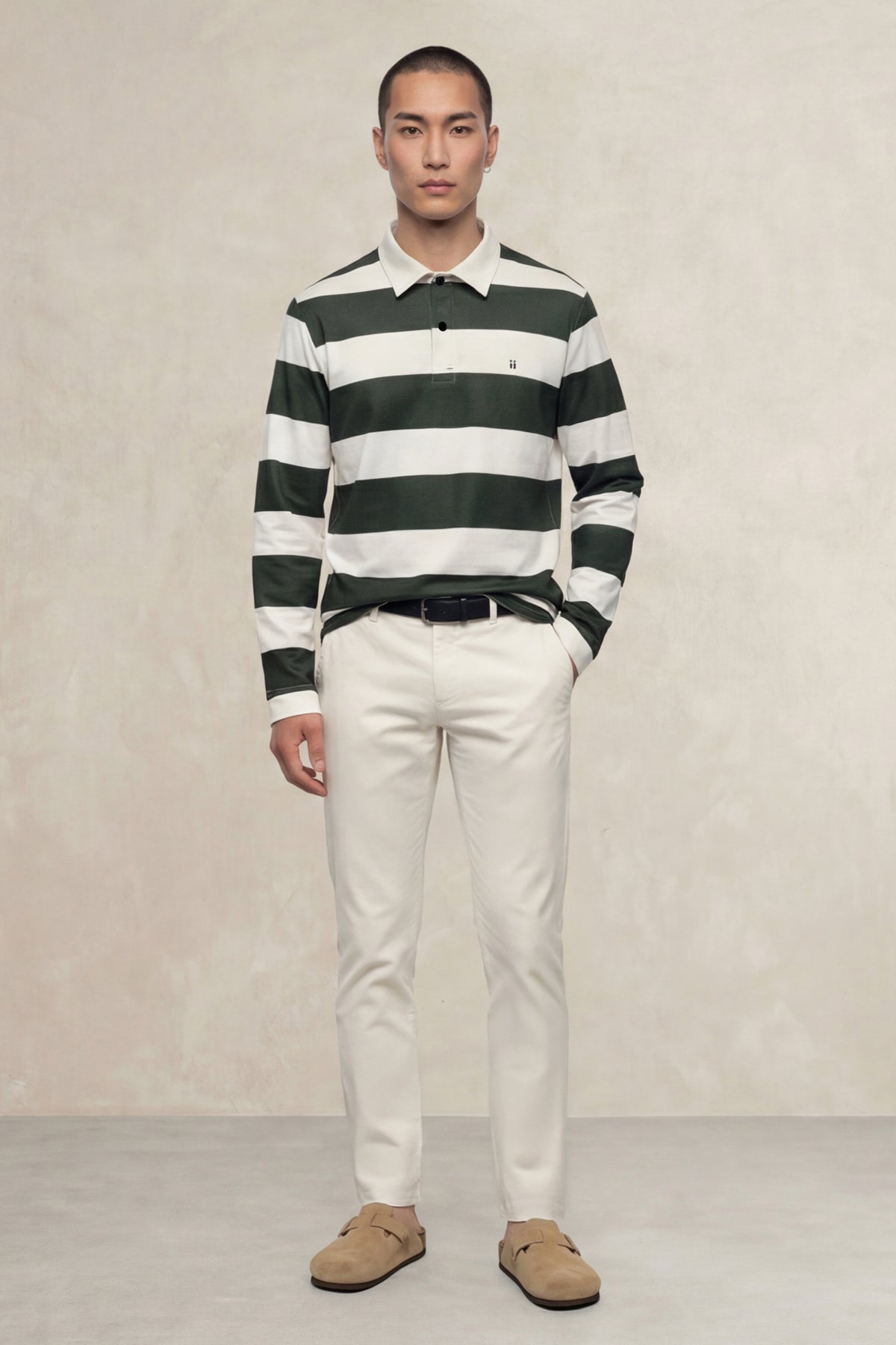 Men's long-sleeved polo shirt with green striped print Warm