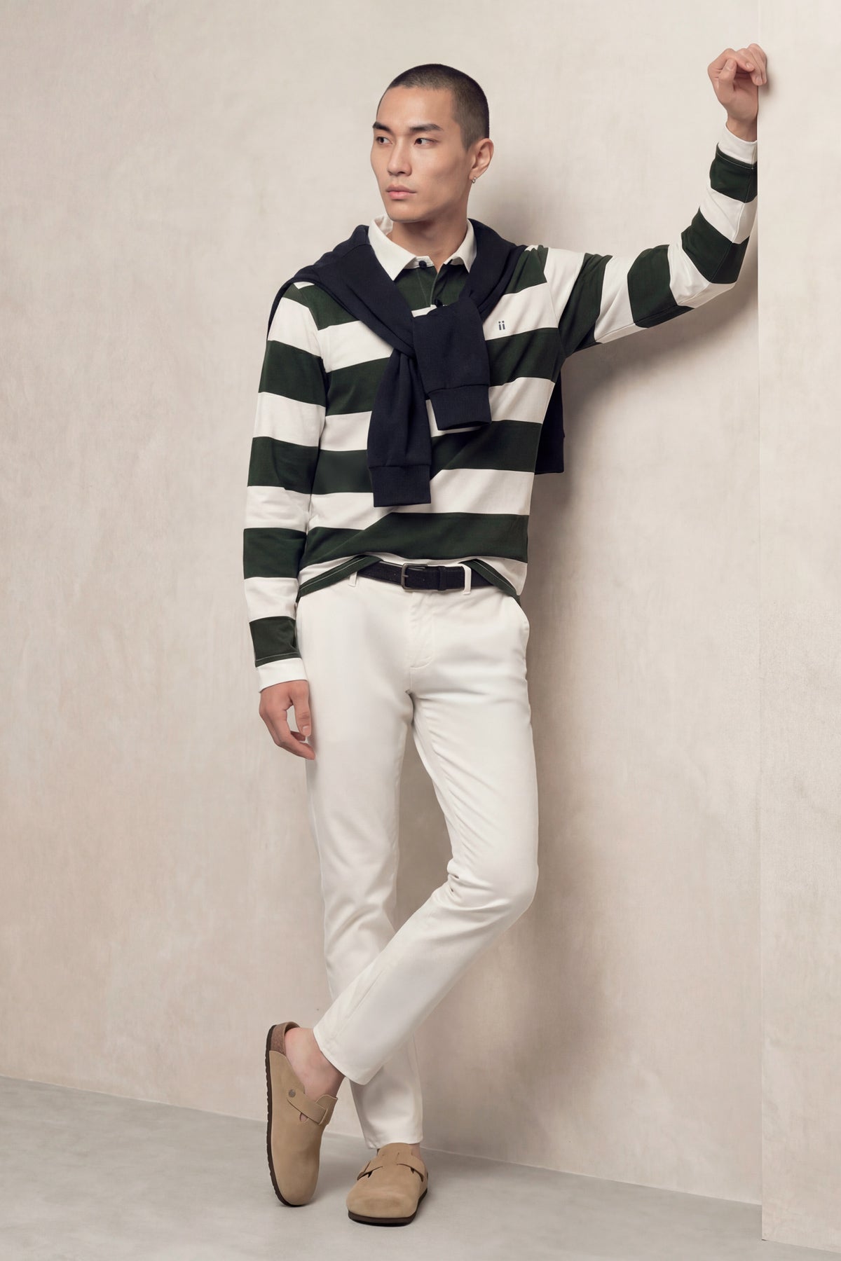 Men's long-sleeved polo shirt with green striped print Warm