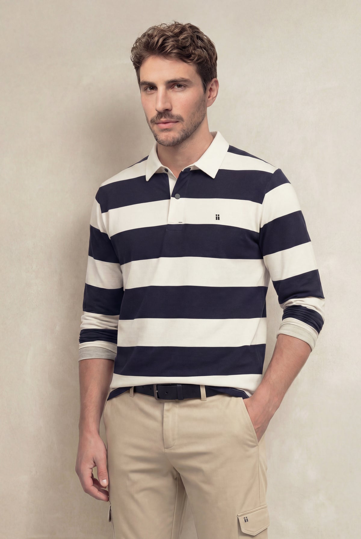 Polo de manga comprida para homem com estampa listrada azul marinho Quente