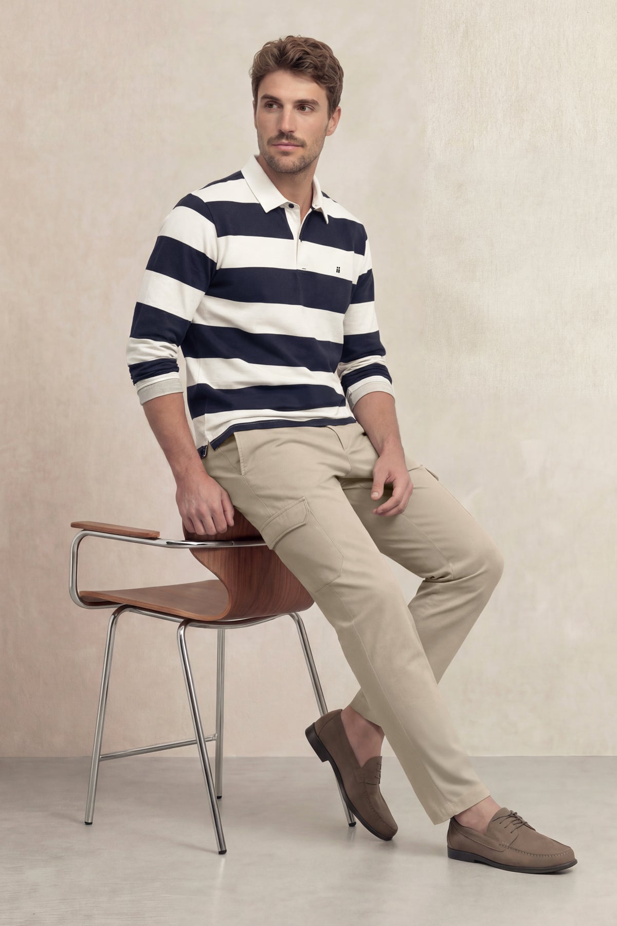 Polo de manga comprida para homem com estampa listrada azul marinho Quente