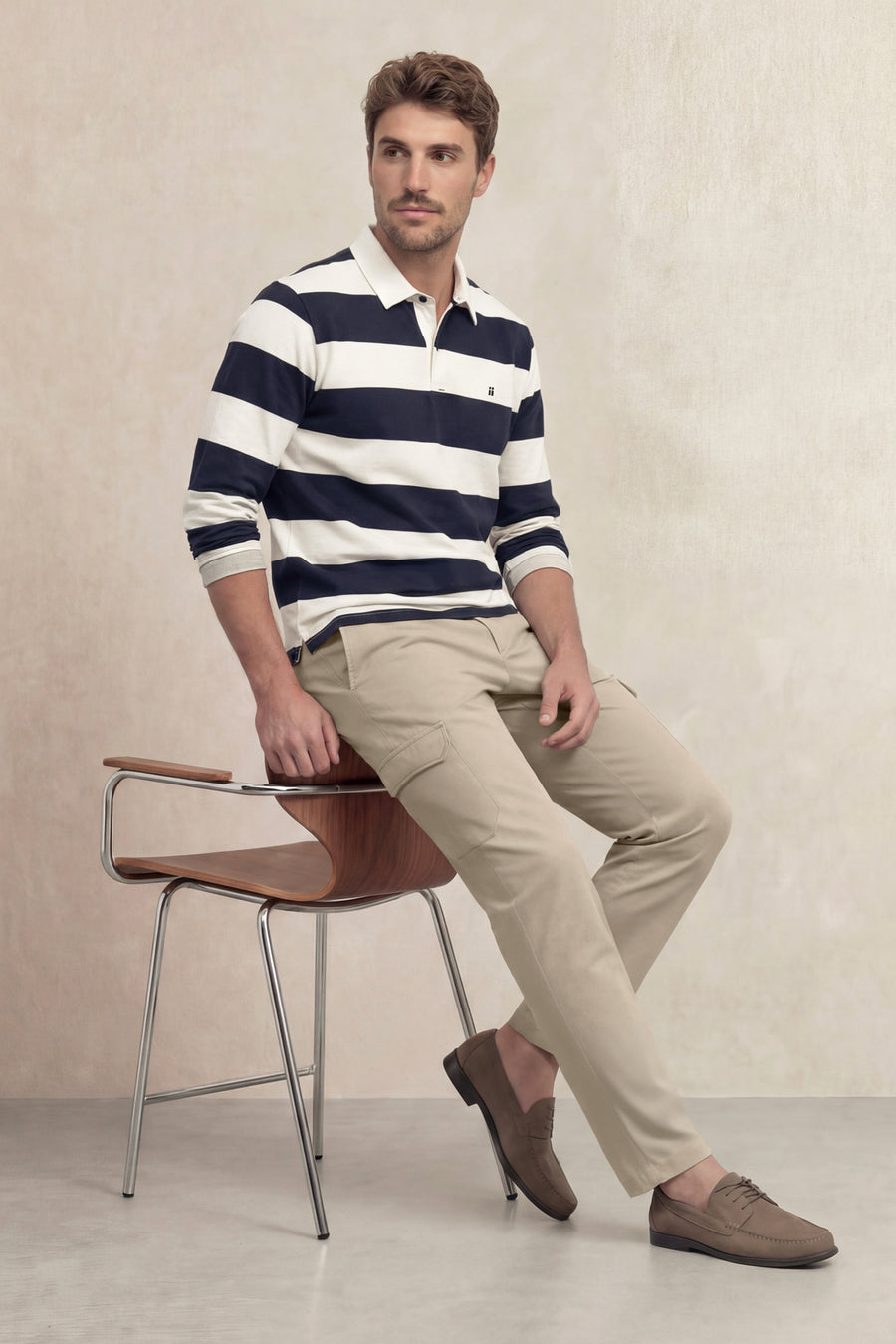 Polo de manga comprida para homem com estampa listrada azul marinho Quente