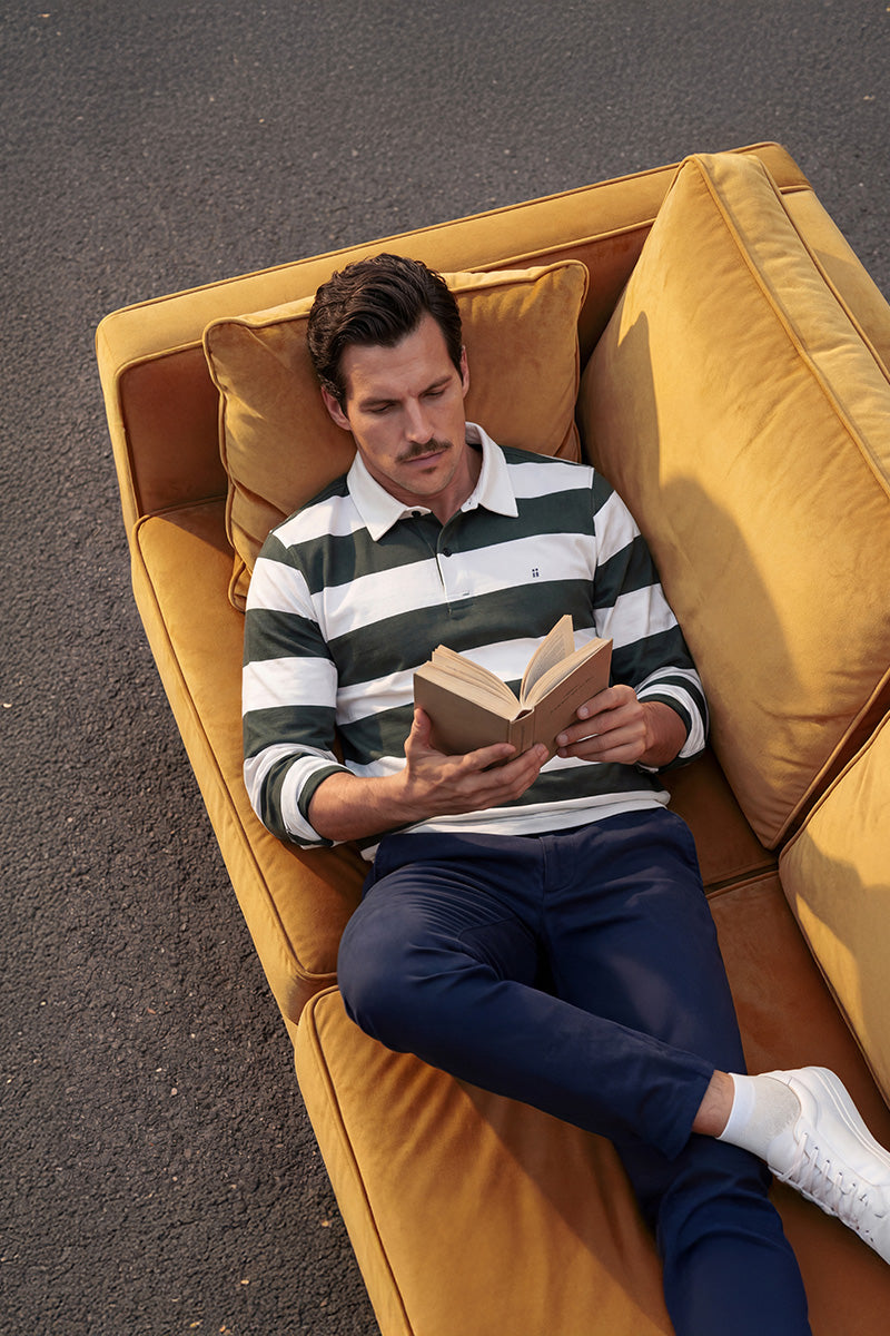 Men's long-sleeved polo shirt with green striped print Warm