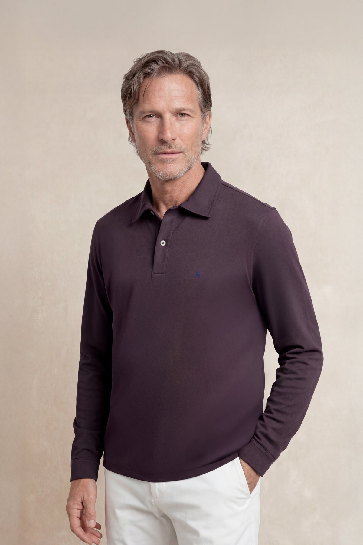 Men's long-sleeved polo shirt in plum Ranger