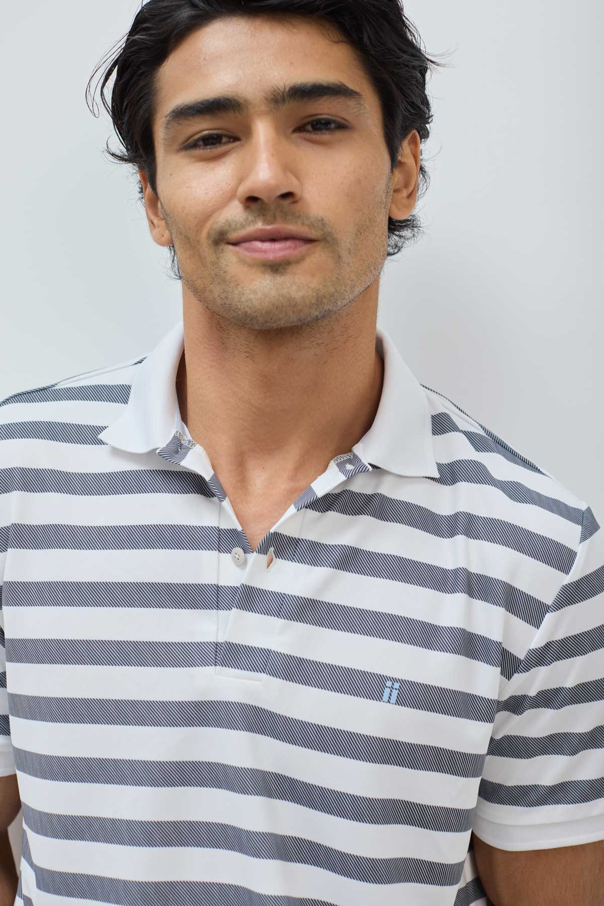 Men's polo shirt with wide stripes in sapphire blue