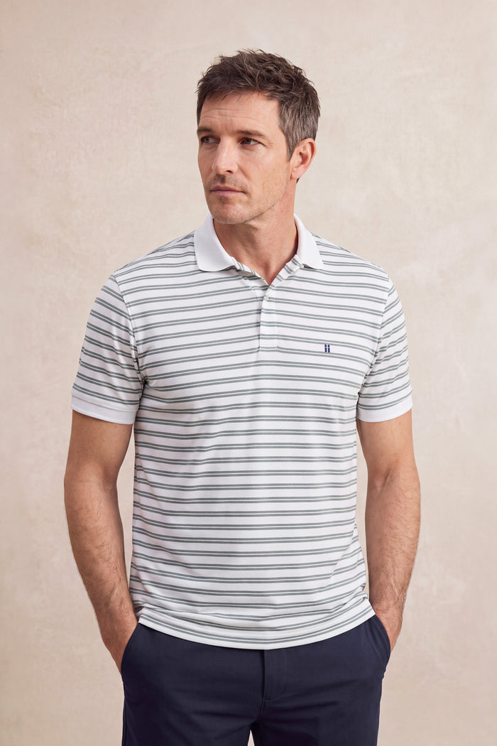 Men's green striped short-sleeved ribbed polo shirt
