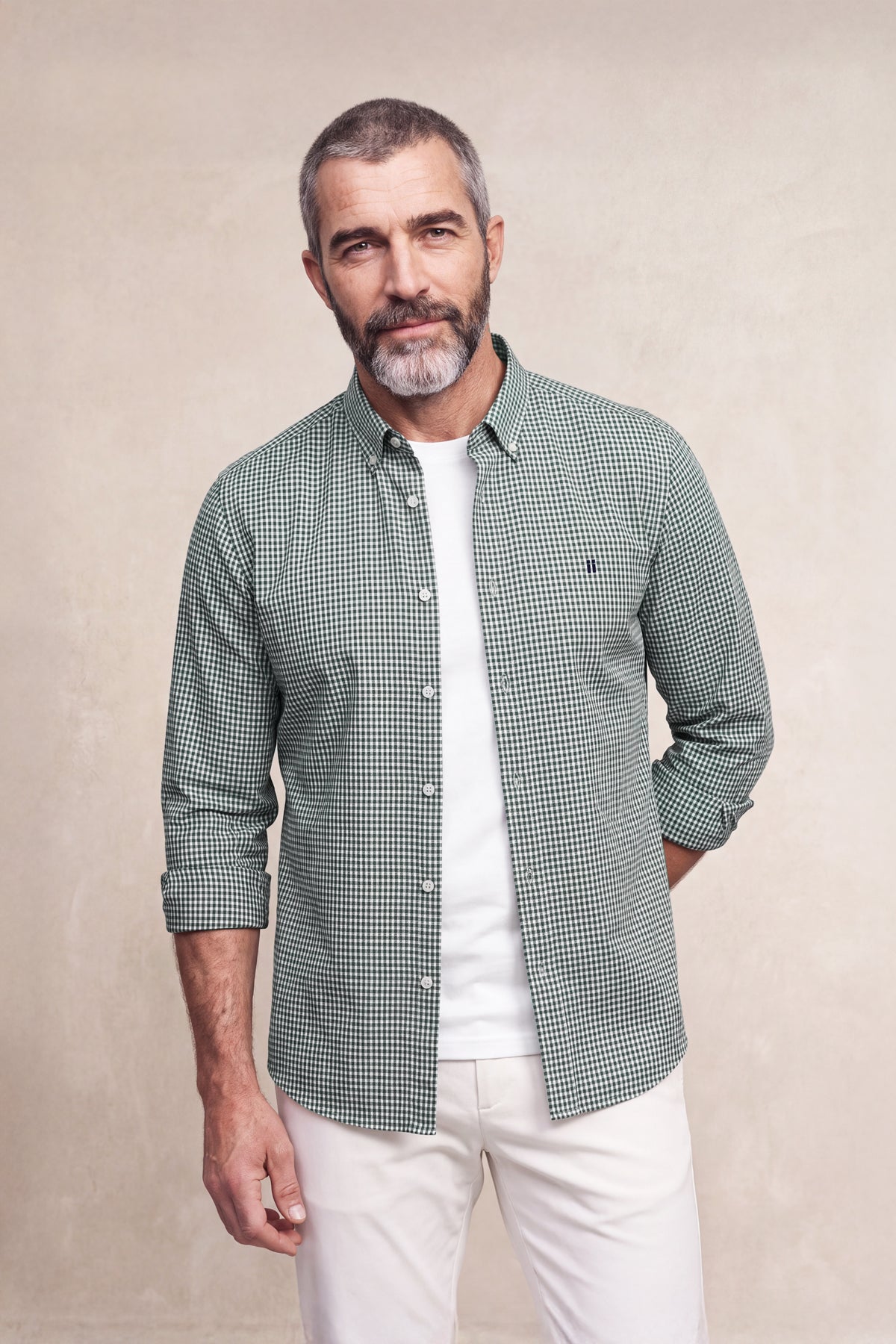 Camisa casual hombre estampado vichy verde abierta
