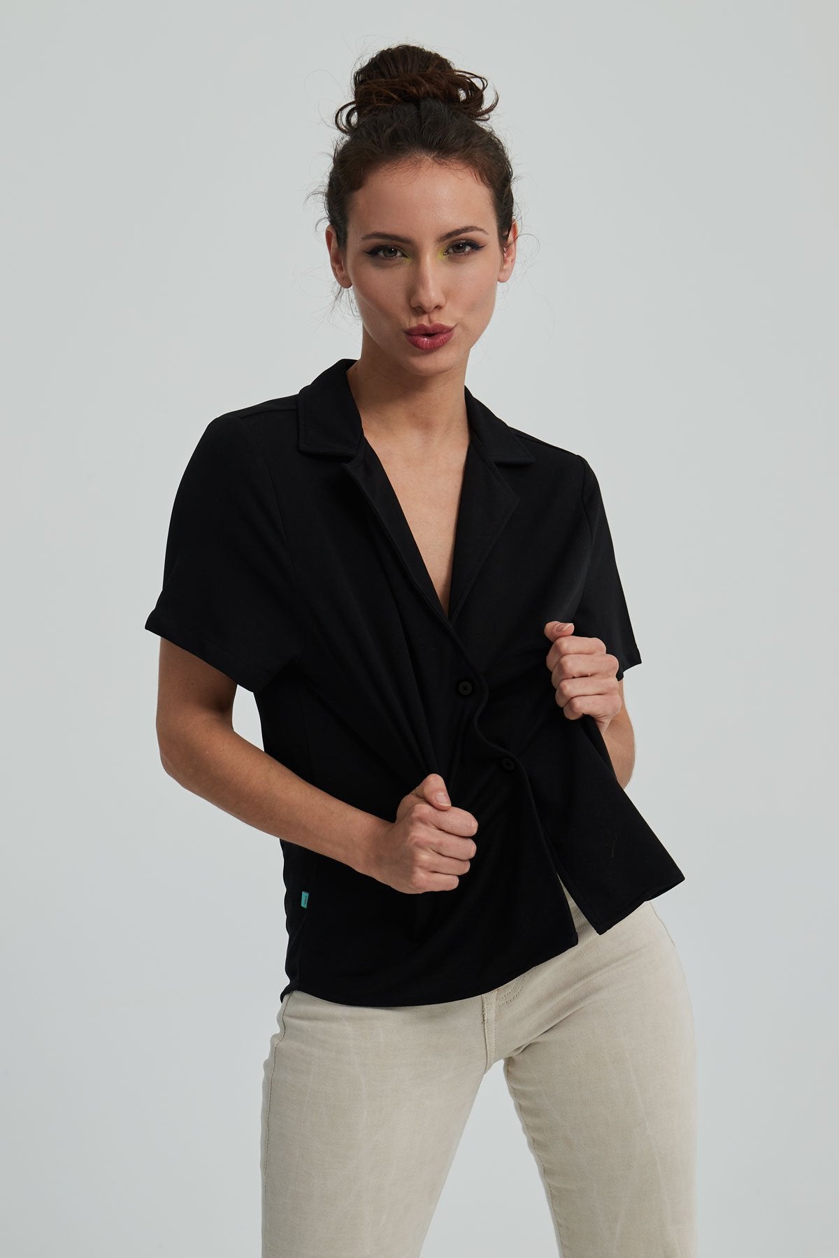 Camisa bowling mujer negra manga corta - Sepiia